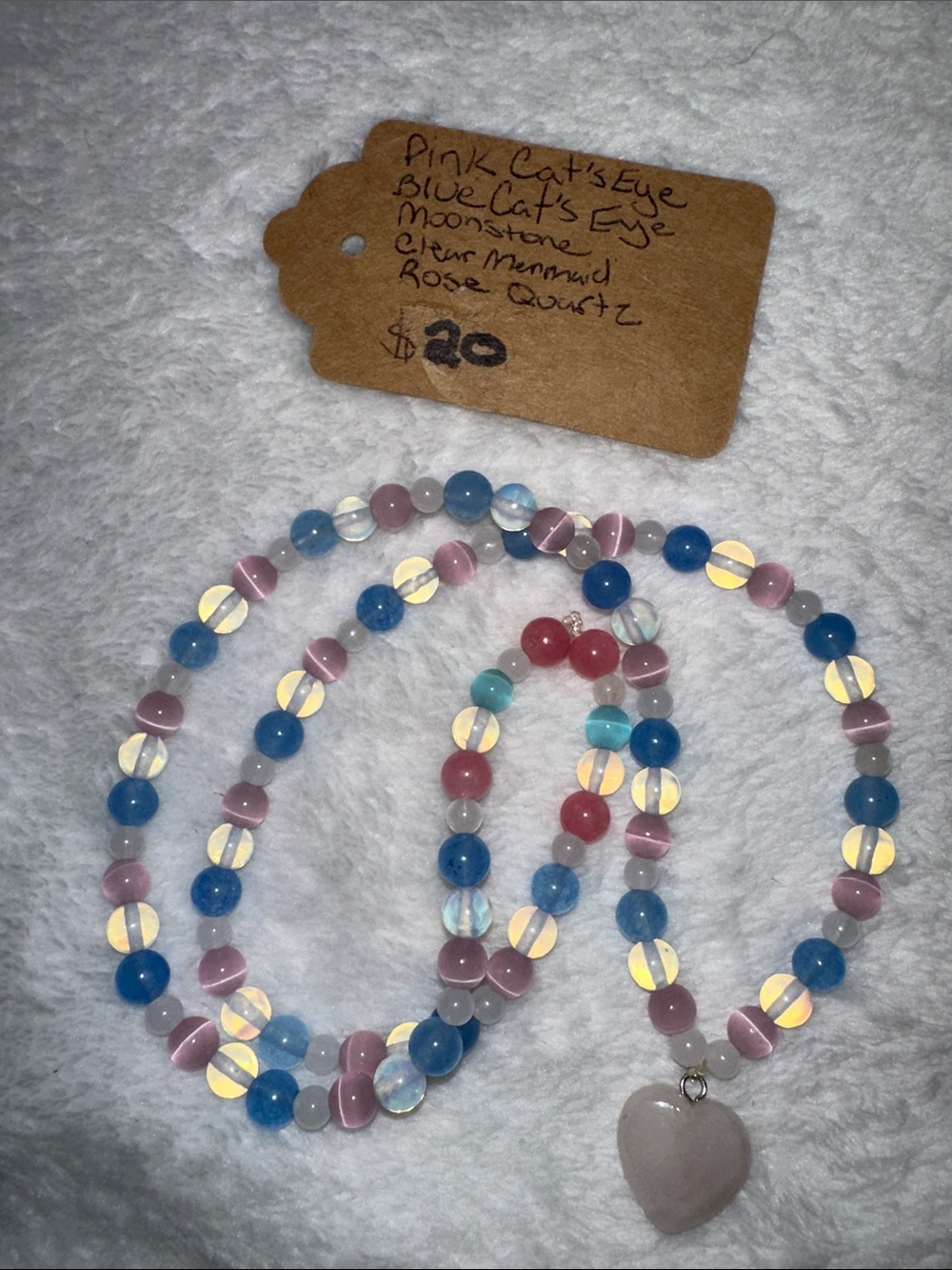 Candy Heart Necklace (Pink & Blue Cat Eye,Moonstone,Rose Quartz & Aquamarine